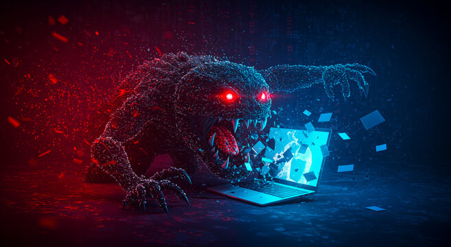 Digital monster attacking laptop, cybersecurity threat visualization, malware and computer virus concept art, dark tech horror illustration