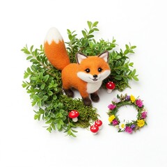 Fototapeta premium cute orange and white fox with green leaves flowers and mushrooms on white background