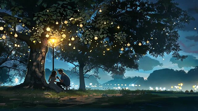 Person sitzt unter einem magisch leuchtenden Baum in der Nacht