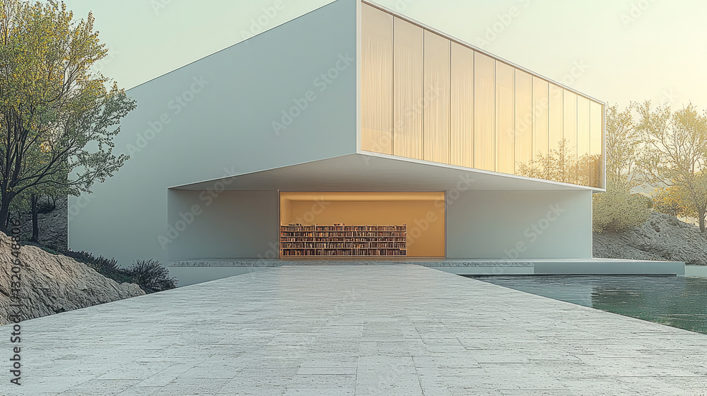 Poster Modern architectural design featuring minimalist building with large glass windows, surrounded by nature and reflecting calmness