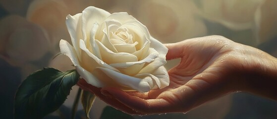 White Rose Art, Hand Holding Rose Art, Delicate Rose Art