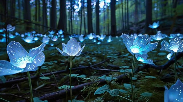 Leuchtende blaue Blumen bl&uuml;hen magisch im dunklen Wald