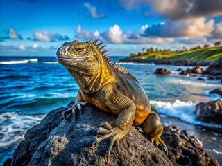 Obraz premium Aerial View of Marine Iguana on Volcanic Rock, Galapagos Islands