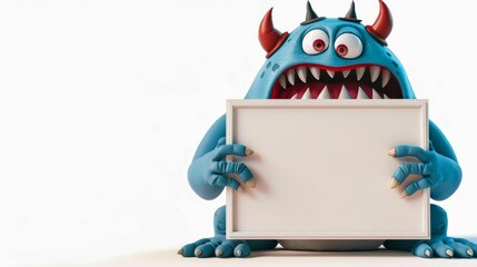 Naklejka premium A cute monster sitting holding an empty frame