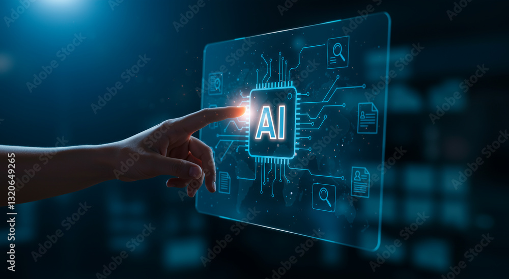 Poster hand touching ai interface, futuristic digital technology concept with glowing circuit board pattern