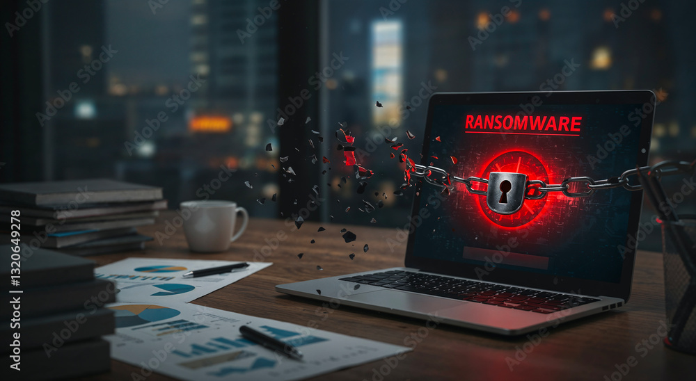 Poster ransomware attack visualization on laptop screen, dark office setting with business documents, cyber