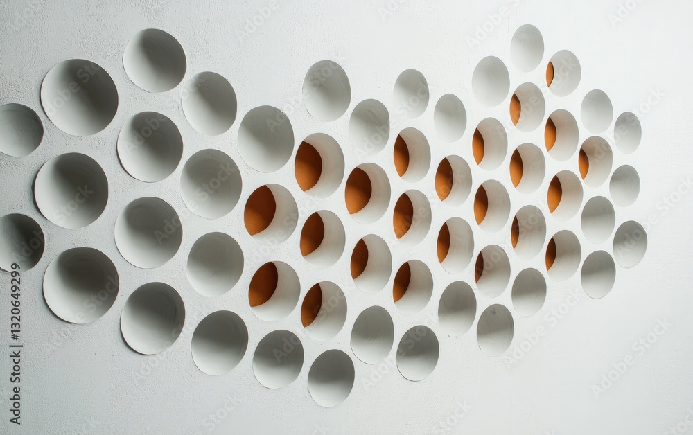Poster abstract image of numerous circular cutouts in a white surface, revealing an orange background. the 