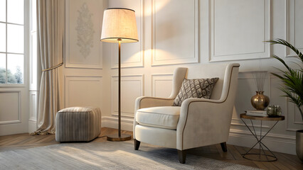 Minimalist living room design featuring elegant chair cozy atmosphere modern home bright natural light contemporary style