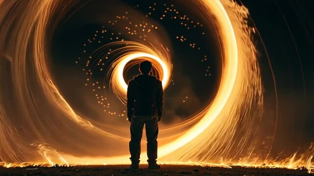 Mensch tritt durch einen leuchtenden Zeitwirbel in eine andere Dimension