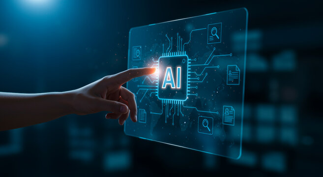 Hand touching AI interface, Futuristic digital technology concept with glowing circuit board pattern, Innovation and artificial intelligence visualization for business transformation