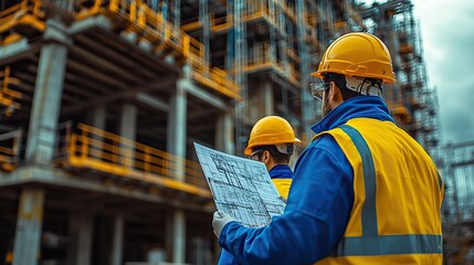 Engineers overlay digital blueprints on the construction site, augmented reality at work.