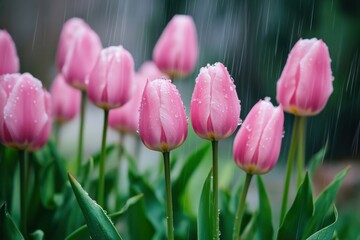 Fototapeta premium Pink tulips emerging gracefully through soft spring rain in a serene garden environment