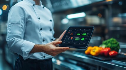 A chef in a modern kitchen holds a tablet displaying cooking data, surrounded by fresh vegetables.