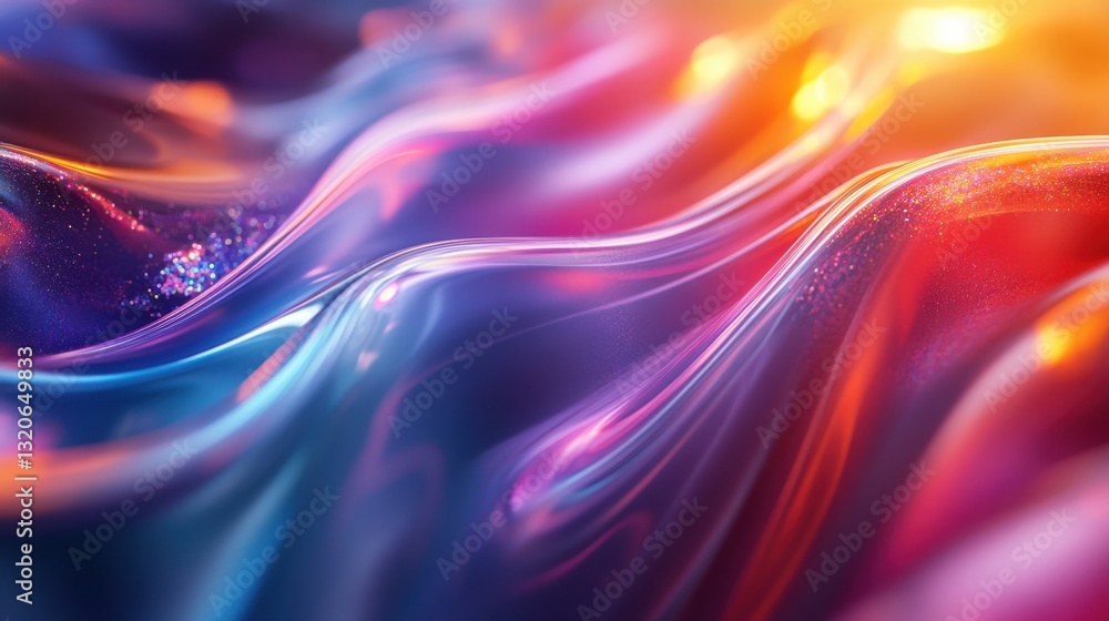 Poster a mesmerizing, colorful abstract digital art with flowing, iridescent forms and a dynamic interplay 