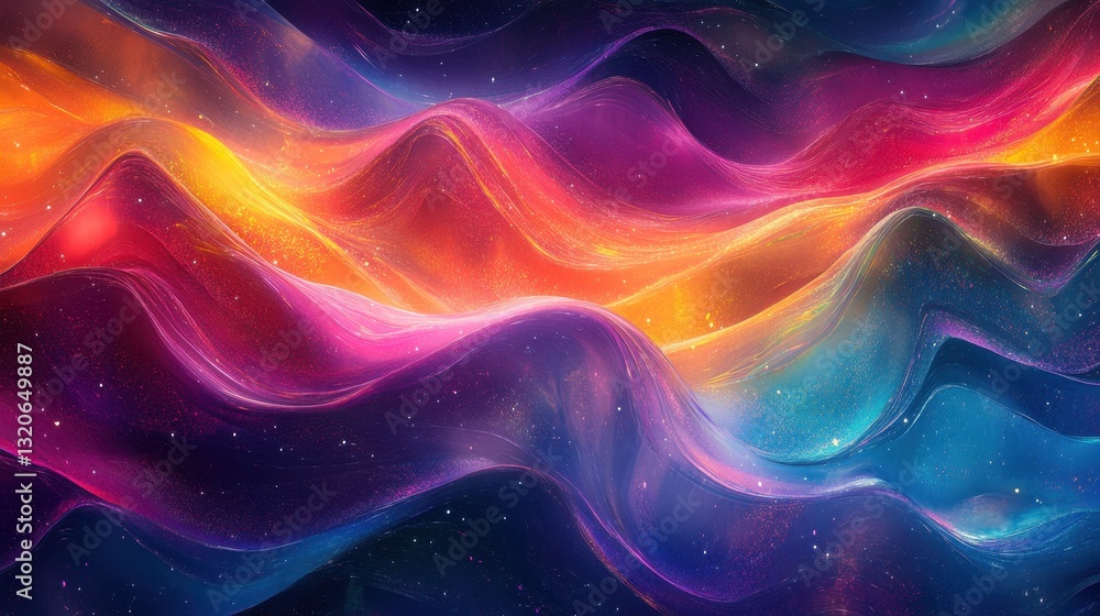Poster vibrant and dynamic flowing abstract design with colorful wave pattern, evoking a sense of energy an