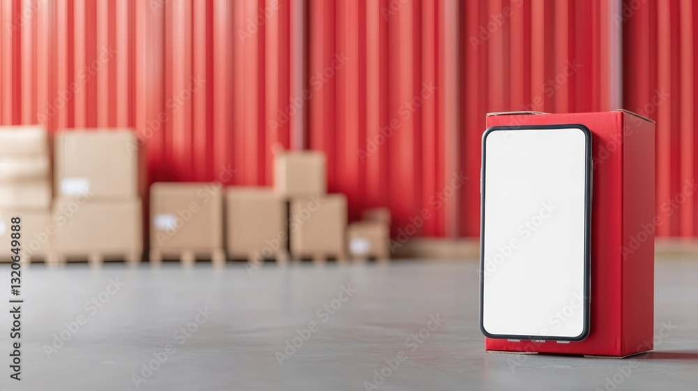 Poster ecommerce platform inventory management concept. red box on a warehouse floor with stacked boxes in 