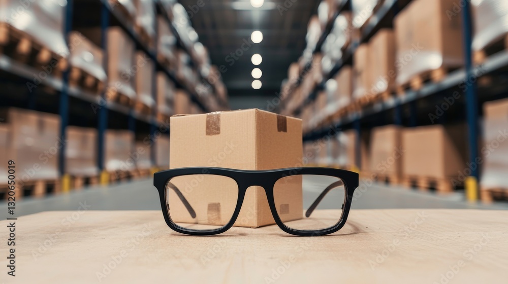 Poster ecommerce platform inventory management concept. glasses on a table in a warehouse with cardboard bo