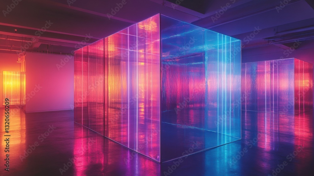 Poster an abstract art installation with vibrant neon lights forming translucent cubes and lines, creating a mesmerizing display in a gallery space