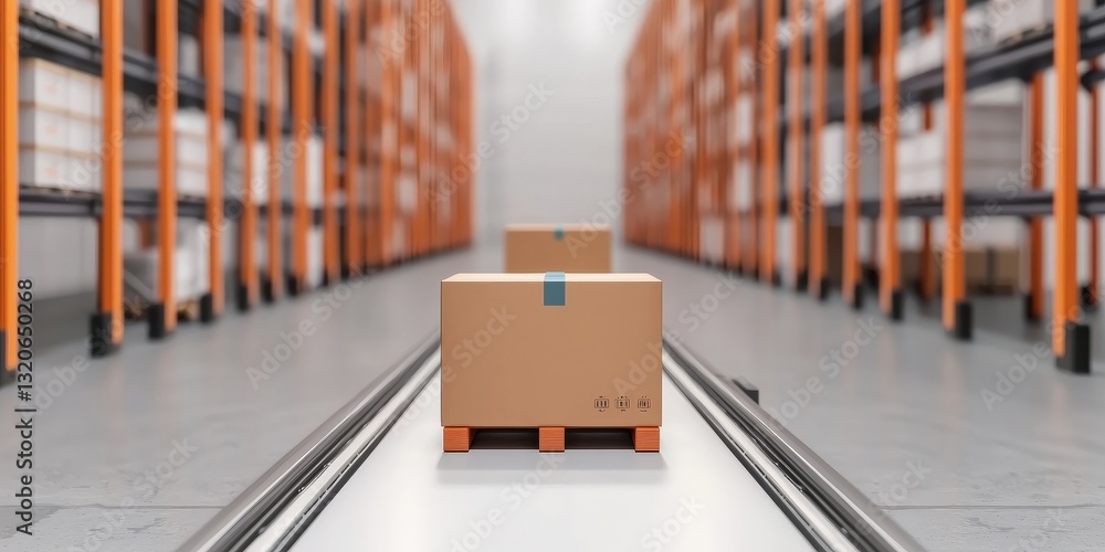 Poster ecommerce platform inventory management concept. warehouse with a single cardboard box on a pallet i