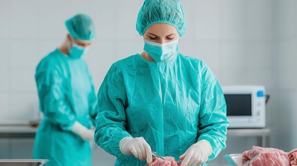 Medical personnel in protective gear prepare meat in a clean environment, showcasing hygiene and safety in food handling.