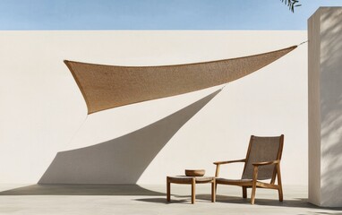 Outdoor patio scene with a patterned shade sail providing shade over a light brown wooden chair and ottoman against a white wall. Bright sunlight casts shadows