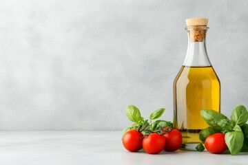 Obraz premium Premium olive oil bottle with fresh tomatoes and basil leaves in elegant kitchen setting for Mediterranean cuisine and gourmet cooking
