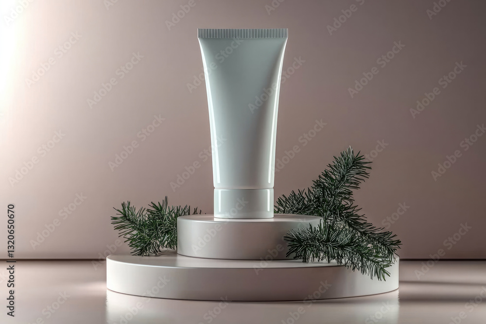 Poster minimalist cream tube displayed on circular pedestal with greenery, creating serene and elegant atmo