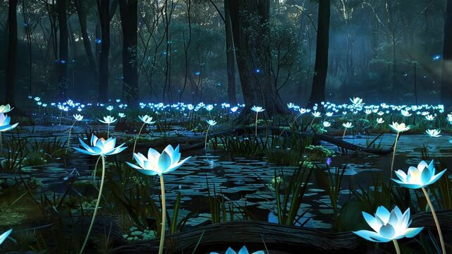 Leuchtende blaue Blumen im dunklen verzauberten Wald