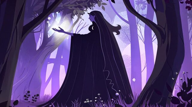 Silhouette einer Zauberin im purpurnen Zauberwald
