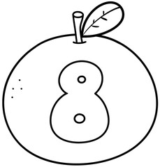 Doodle outline illustration of orange with number 8, number 8 clipart with fruit for kids, school worksheet