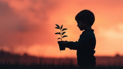 Child Holding Small Plant Against Beautiful Sunset Sky in Silhouette with Orange and Purple Clouds