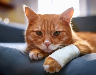 adorable ginger cat with a bandaged paw resting peacefully showcasing pet care feline wellness and recovery tips