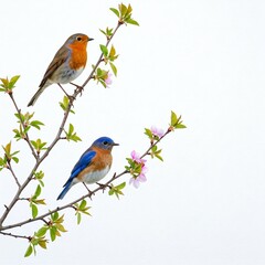 Fototapeta premium two colorful birds perched on a branch with spring blossoms on a white background