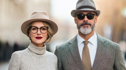 Stylish Couple in Chic Attire with Hats and Sunglasses on Urban Street in Soft Natural Light