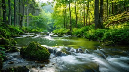 Obraz premium A serene forest creek flows gently through lush greenery, surrounded by vibrant trees and soft sunlight filtering through the leaves.