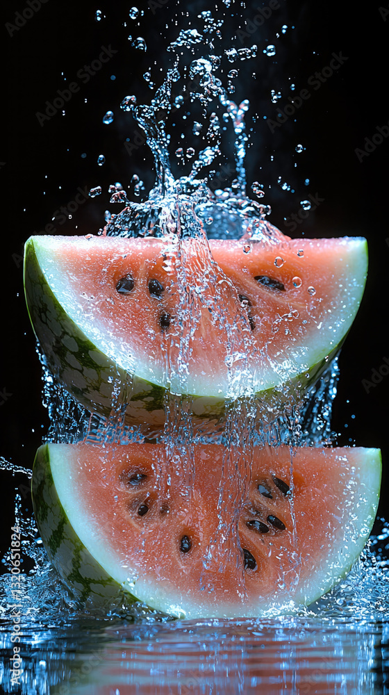 Aufkleber Fresh watermelon slices splashing in water, creating refreshing scene