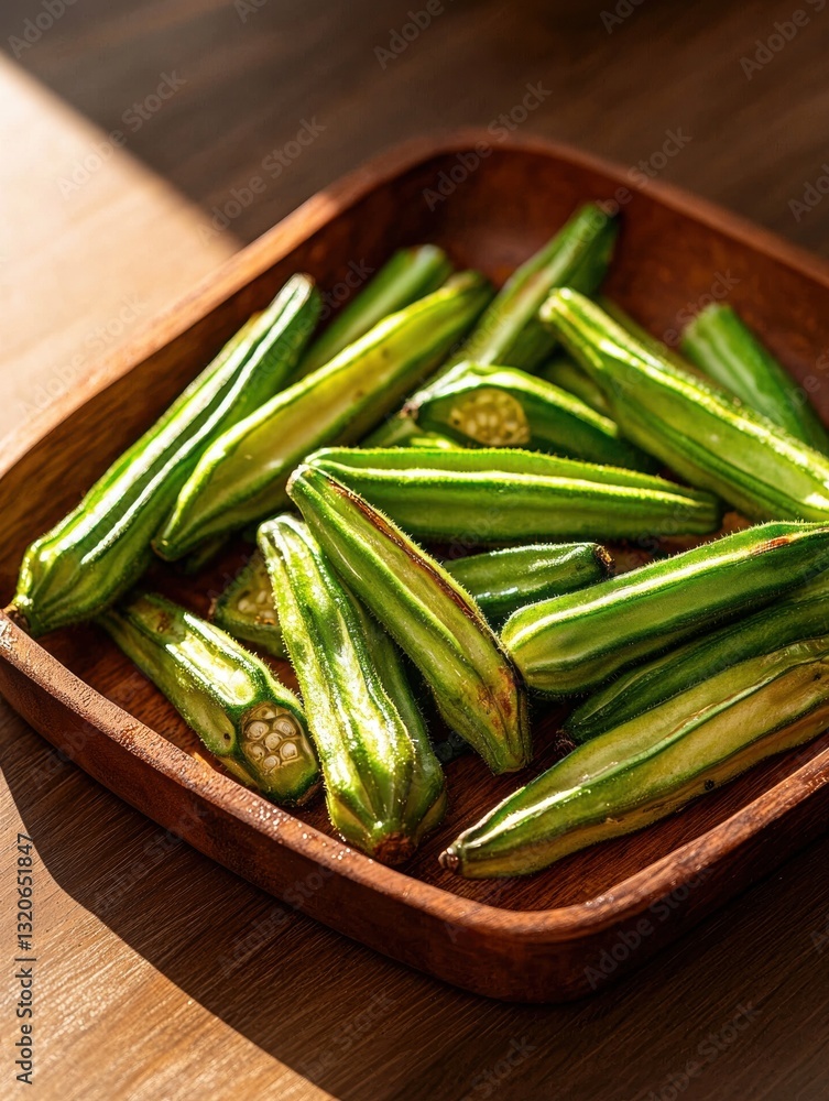 Poster Wooden bowl filled with fresh okra. the okra is long and slender, with a pointed end and a pointed tip. they are arranged in a circular pattern in the bowl, with some overlapping each other.