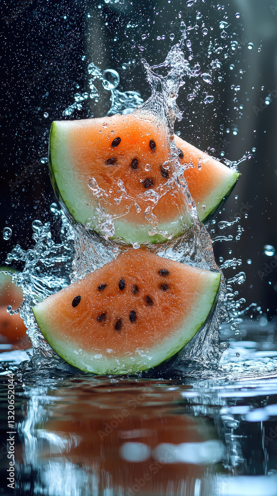 Aufkleber Fresh watermelon slices splashing in water, creating refreshing scene