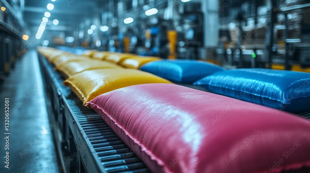 Poster brightly colored bags are lined up on a conveyor belt inside a modern automated manufacturing facili