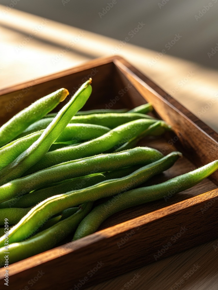 Poster wooden tray filled with green beans. the tray is rectangular in shape and has a light brown finish. 