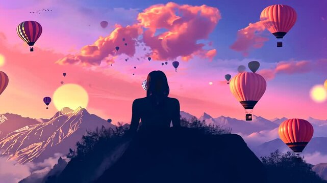 Magischer Himmel mit schwebenden Luftballons &uuml;ber Berglandschaft