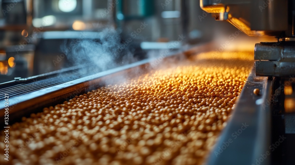Fototapete automated equipment processes small spherical products on a conveyor belt in a manufacturing facilit