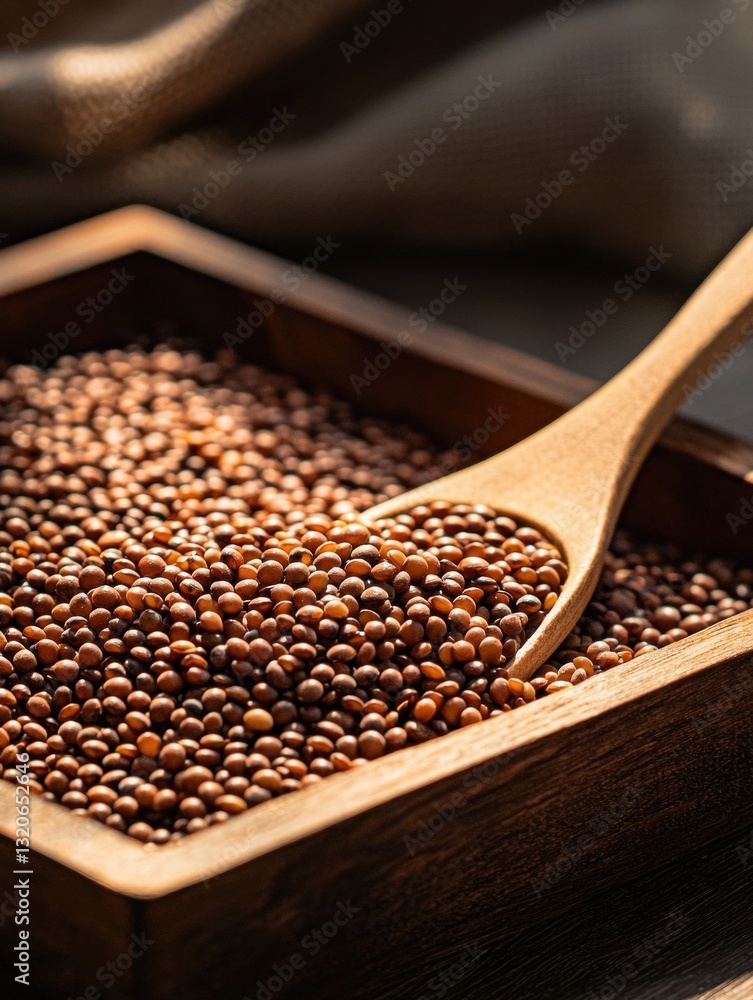 Poster wooden bowl filled with small, dark brown seeds. the bowl is rectangular in shape and has a handle o