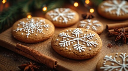 Festive string lights illuminate iced gingerbread cookies on a wooden table with cinnamon, anise, sugar & pine.