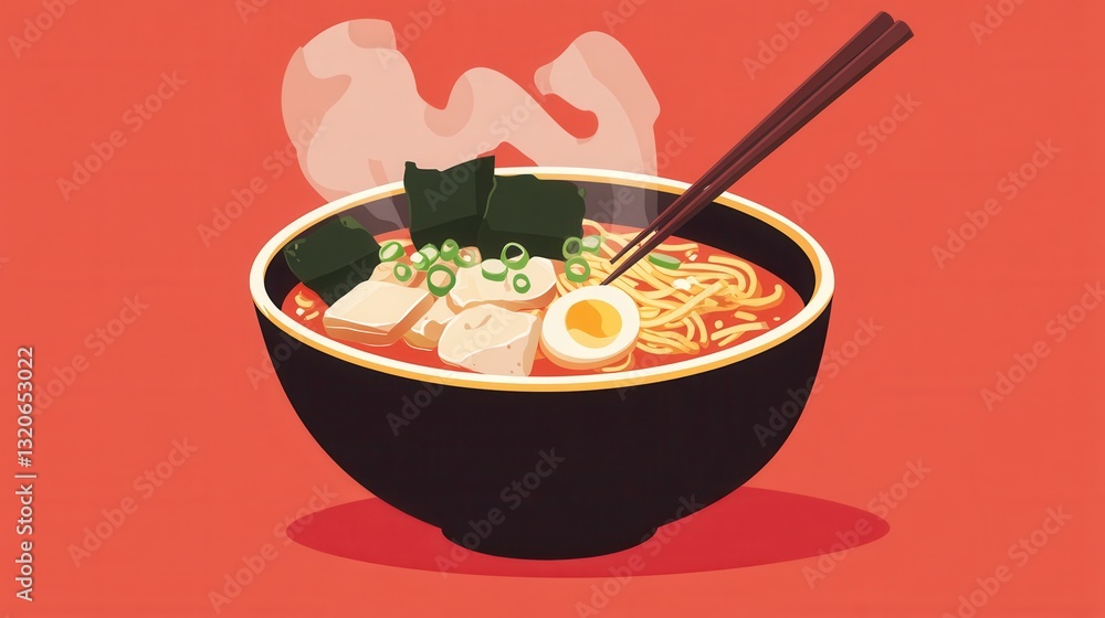 Poster steaming bowl of ramen with pork and seaweed served with chopsticks in a vibrant setting