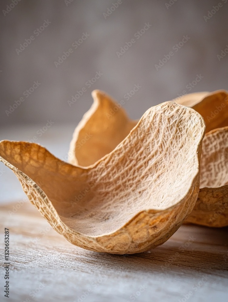 Poster close-up of a group of dried leaves on a wooden surface. the leaves are light brown in color and hav