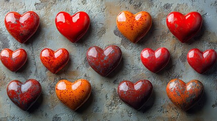 Fototapeta premium Fifteen small red hearts arranged in a grid on a textured white background create a romantic Valentine's or Mother's Day setting.