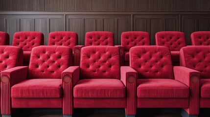 Fototapeta premium Plush Red Velvet Theater Chairs in Rows Against Wooden Panel Wall Interior Design of a Cinema Hall