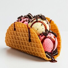 close up of delicious ice cream taco with chocolate syrup and cookies on white background