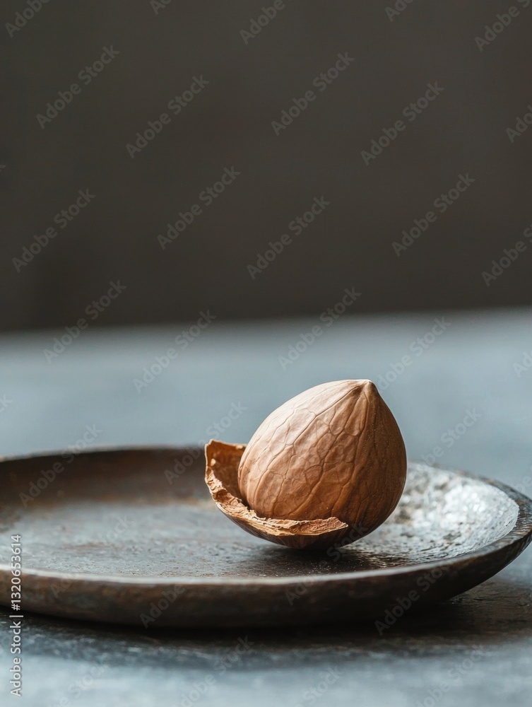 Aufkleber close-up of a single walnut on a dark brown plate. the walnut is in the center of the image, with it